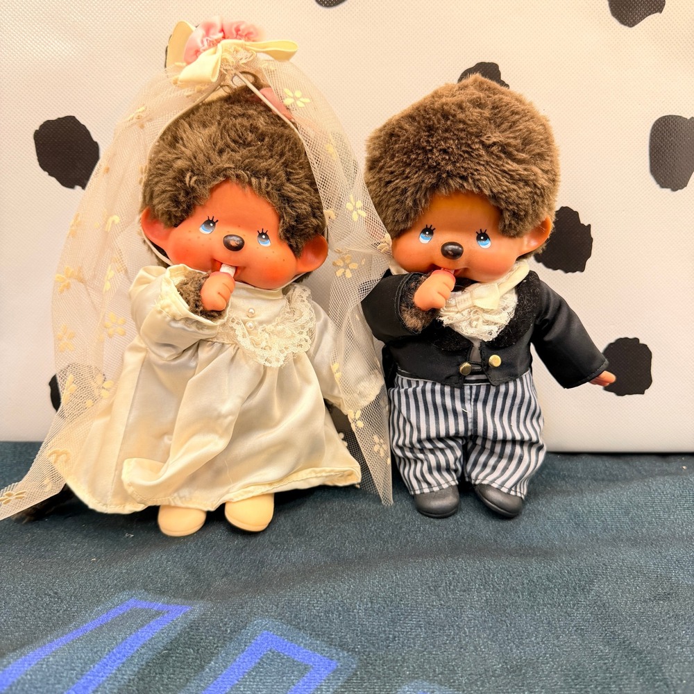 Vintage Sekiguchi Monchhichi Wedding Bride Groom Monkey Plush Dolls Pair 8"